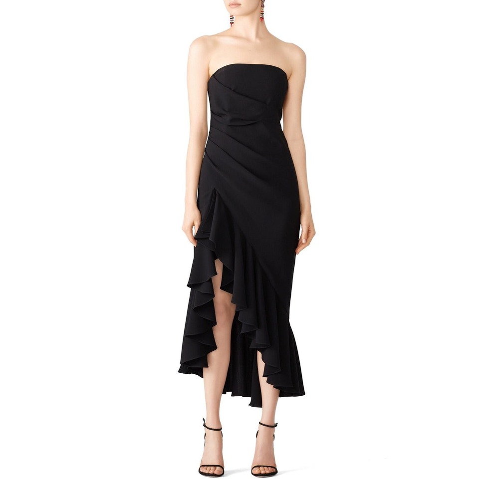 cinq a sept Black Strapless Ruffled Asymmetric Dress